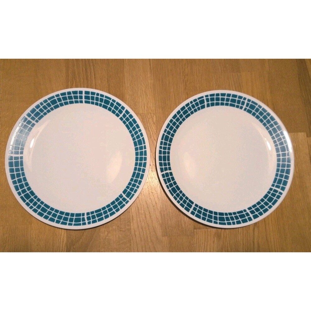 Vtg Corelle Aqua Tiles Dinner Plates 10 1/4” White And Teal Lot Of 2 Discontinue